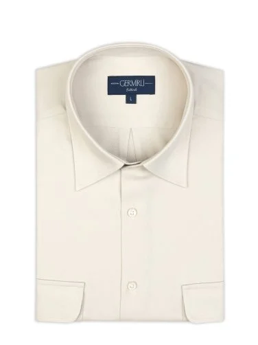 Germirli Sand Beige Color Cotton Tencel Epaulette Cover Pocket Foldable Sleeve Hello Shirt - 3