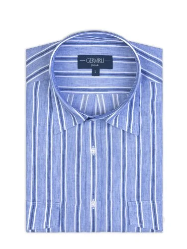 Germirli Soft Collar Double Flap Pocket Tailor Fit Blue Navy Striped Cotton Linen Shirt - 2