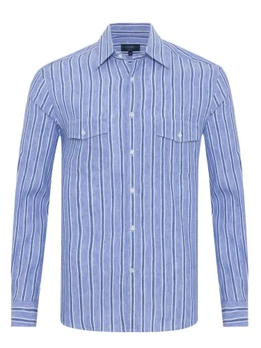 Germirli Soft Collar Double Flap Pocket Tailor Fit Blue Navy Striped Cotton Linen Shirt - 1