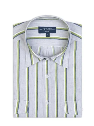 Germirli Soft Collar Double Flap Pocket Tailor Fit Grey Green Navy Striped Cotton Linen Shirt - 2