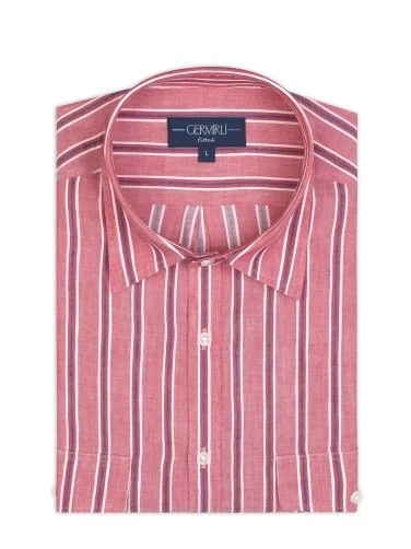 Germirli Soft Collar Double Flap Pocket Tailor Fit Grey Red Navy Striped Cotton Linen Shirt - 2