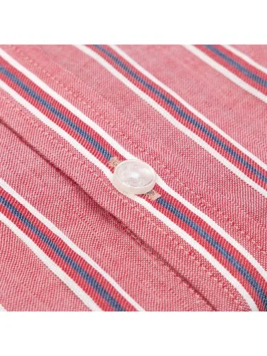 Germirli Soft Collar Double Flap Pocket Tailor Fit Grey Red Navy Striped Cotton Linen Shirt - 3