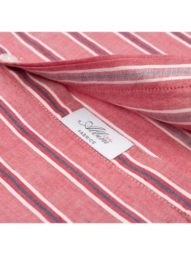 Germirli Soft Collar Double Flap Pocket Tailor Fit Grey Red Navy Striped Cotton Linen Shirt - 4