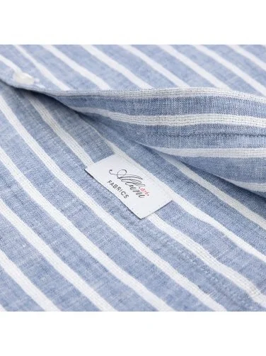 Germirli Soft Collar Double Flap Pocket Tailor Fit Indigo Blue White Striped Pure Linen Shirt - 4