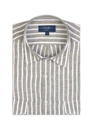 Germirli Soft Collar Double Flap Pocket Tailor Fit Khaki White Striped Pure Linen Shirt - 2
