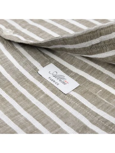 Germirli Soft Collar Double Flap Pocket Tailor Fit Khaki White Striped Pure Linen Shirt - 4