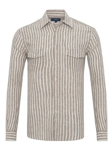 Germirli Soft Collar Double Flap Pocket Tailor Fit Khaki White Striped Pure Linen Shirt - 1