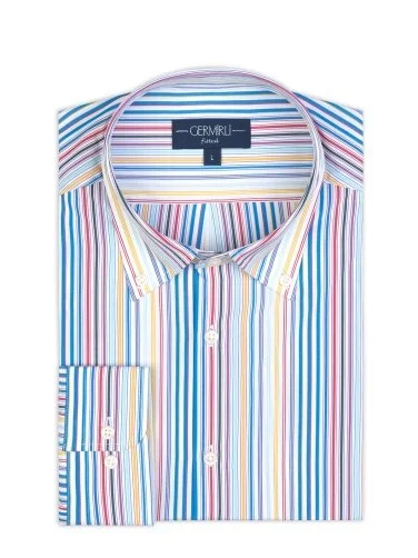 Germirli Thomas Mason Button-down Collar Yellow Red Blue Striped Tailor Fit Cotton Shirt - 2