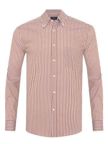 Germirli Brick Grey Striped Vintage Button-down Collar Pocket Tailor Fit Cotton Elastane Shirt - 1