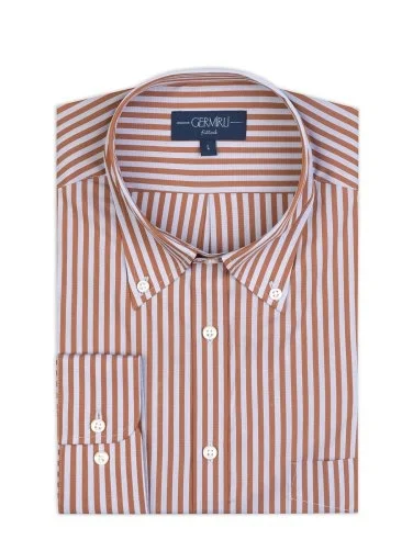 Germirli Brick Grey Striped Vintage Button-down Collar Pocket Tailor Fit Cotton Elastane Shirt - 2