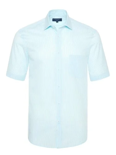 Germirli Turquoise White Striped Short Sleeve Classic Collar Pocket Tailor Fit Shirt - 1