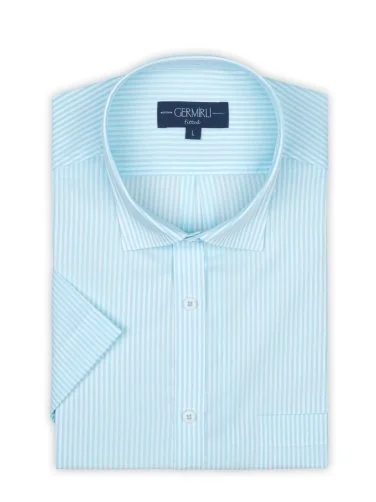 Germirli Turquoise White Striped Short Sleeve Classic Collar Pocket Tailor Fit Shirt - 2
