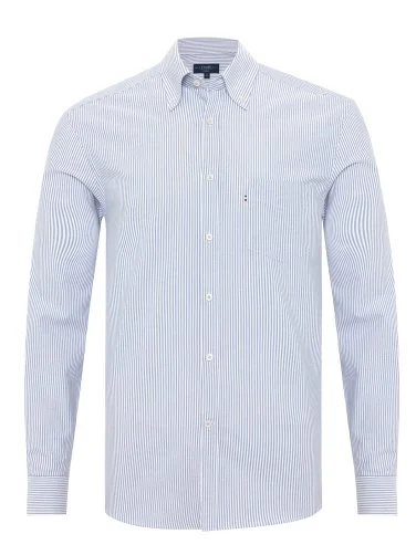 Germirli White Blue Striped Albiate Button-down Collar Pocket Tailor Fit Oxford Sport Shirt - 1