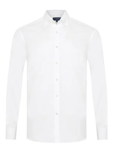 Germirli White Exclusive Panama Texture Button-down Collar Tailor Fit Cotton Shirt - 1