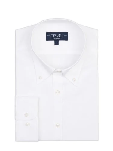 Germirli White Exclusive Panama Texture Button-down Collar Tailor Fit Cotton Shirt - 2