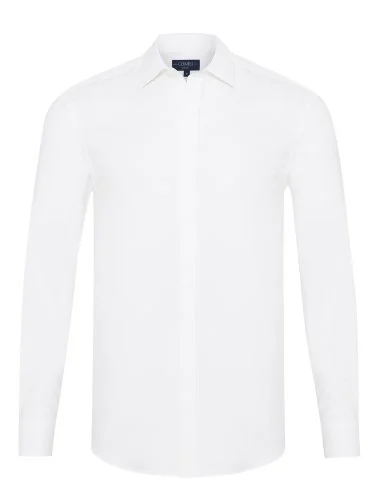 Germirli White Hidden Placket Soft Collar Tailor Fit Diagonal Pattern Cotton Shirt - 1