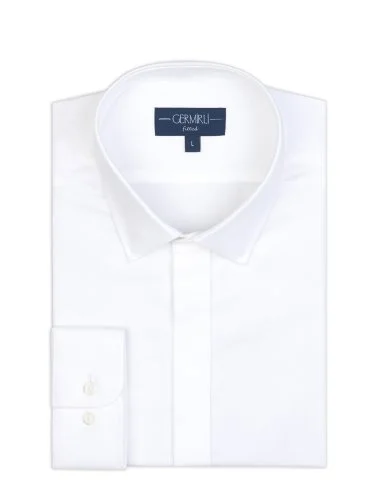 Germirli White Hidden Placket Soft Collar Tailor Fit Diagonal Pattern Cotton Shirt - 2