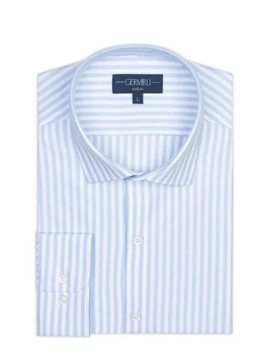 Germirli White Light Blue Striped 3D Germirli Slim Fit Active Cotton Shirt - 2
