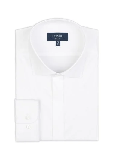 Germirli White Poplin Textured Classic Collar Tailor Fit Hidden Placket Cotton Elastane Shirt - 2