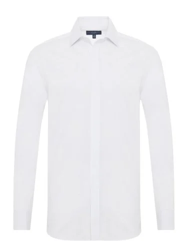 Germirli White Poplin Textured Classic Collar Tailor Fit Hidden Placket Cotton Elastane Shirt - 1