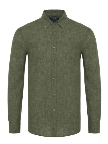 Green Button-Down Collar Tailor Fit Delave Linen Shirt with Germirli - 1