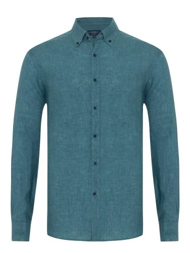 Green Delave Linen Button-down Collar Tailor Fit Shirt with Germirli - 1