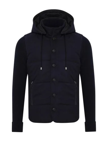 La Fileria Navy Blue Filled, Hooded Wool Men's Jacket Knitwear - 1