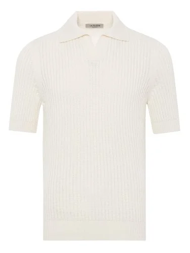 La Fileria Ecru Polo Neck Regular Fit Crochet Knitted Cotton Knitwear - 1