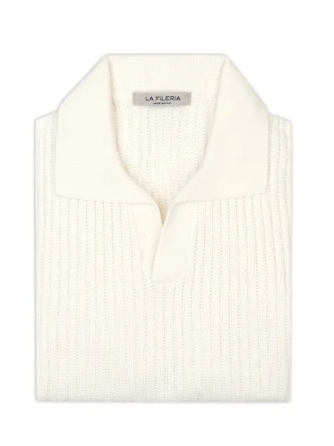 La Fileria Ecru Polo Neck Regular Fit Crochet Knitted Cotton Knitwear - 3