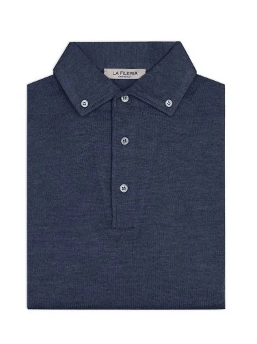 La Fileria Indigo Blue Wool Polo Button-down Collar Sweater - 2