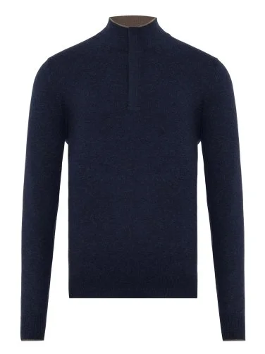 La Fileria Navy Blue Wool Cashmere Suede Zippered Sweater - 1