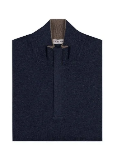 La Fileria Navy Blue Wool Cashmere Suede Zippered Sweater - 2