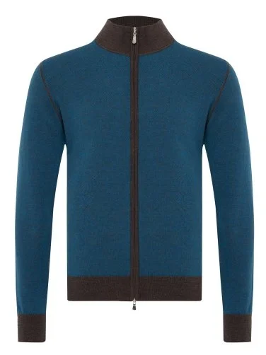 La Fileria Turquoise Brown Zippered Wool Men's Cardigan Knitwear - 1