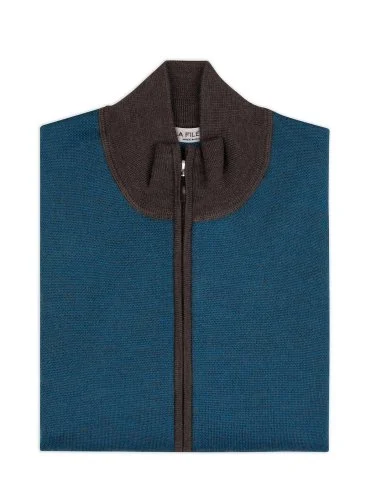 La Fileria Turquoise Brown Zippered Wool Men's Cardigan Knitwear - 2