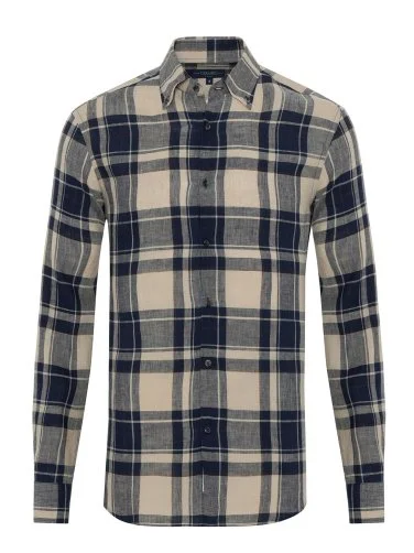 Germirli Navy Blue Plaid Patterned Linen Men's Button-Down Collar Shirt - 1