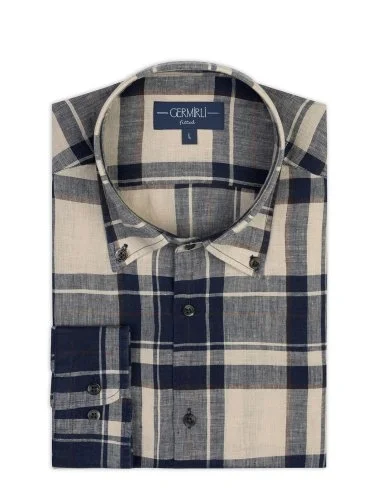 Germirli Navy Blue Plaid Patterned Linen Men's Button-Down Collar Shirt - 2