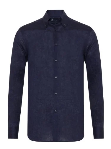 Germirli Navy Blue Thomas Mason Non Iron Button-down Collar Tailor Fit Linen Shirt - 1