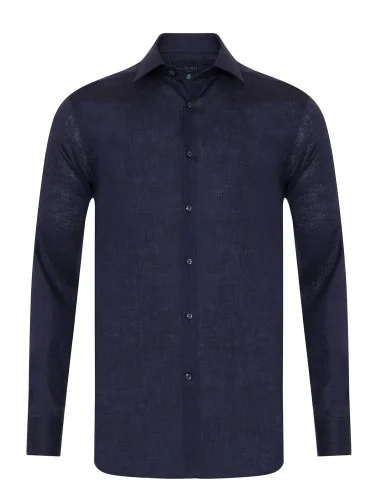 Germirli Navy Blue Thomas Mason Non Iron Classic Collar Tailor Fit Linen Shirt - 1