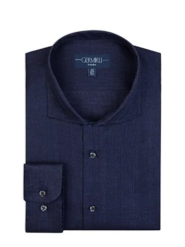 Germirli Navy Blue Thomas Mason Non Iron Lapel Collar Tailor Fit Linen Shirt - 3