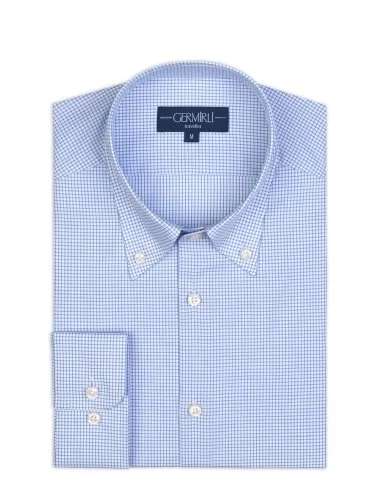 Non Iron Blue Square Patterned Button-down Collar Tailor Fit Journey Checkered Shirt with Germirli Pattern - 1