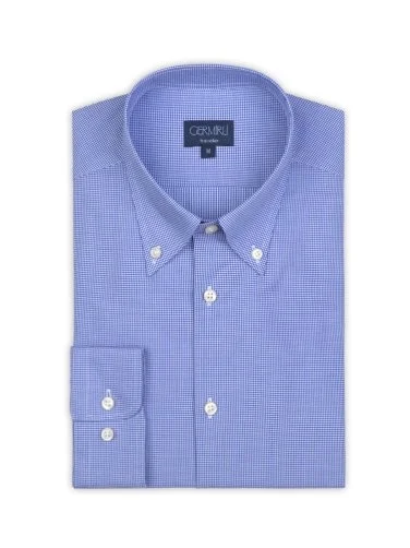 Non Iron Blue Checkered Button-Down Collar Tailor Fit Shirt with Germirli - 2