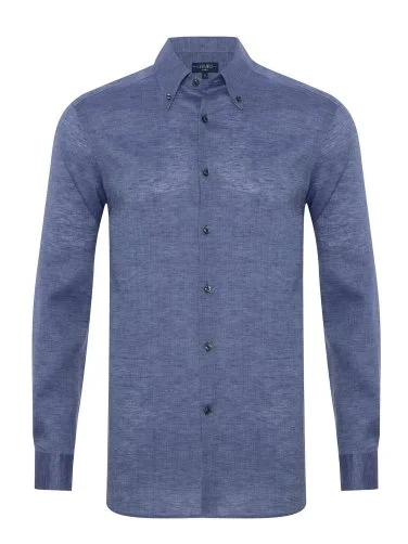 Non Iron Journey Aviator Blue Button-down Collar Tailor Fit Linen Shirt with Germirli - 1