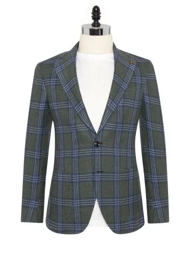 Sartoria Latorre Green Navy Blue Plaid Vitale Barberis Linen Silk Cotton Unlined Jacket - 1