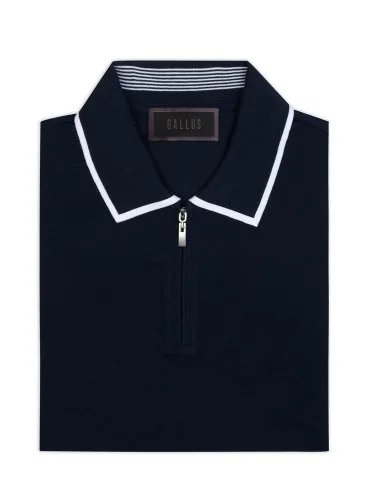 Gallus Lacivert Fermuarlı Polo Yaka Pike Merserize Regular Fit Tişört - 2