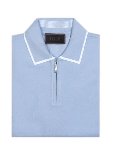 Gallus Mavi Fermuarlı Polo Yaka Pike Merserize Regular Fit Tişört - 2