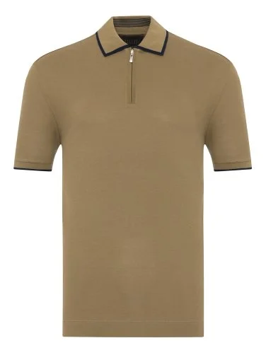 Gallus Zeytin Yeşili Fermuarlı Polo Yaka Pike Merserize Regular Fit Tişört - 1