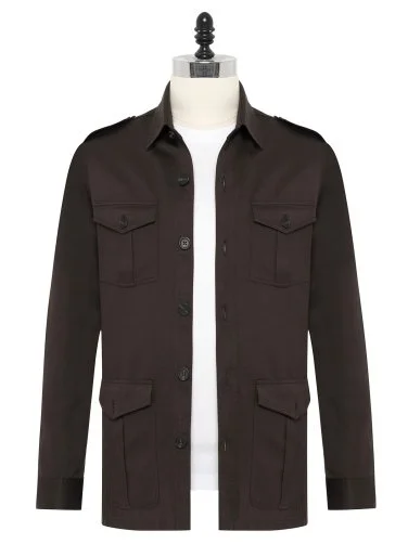 Germirli Acı Kahve Utility Kapak Cepli Pamuk Keten Safari Ceket Gömlek - 1