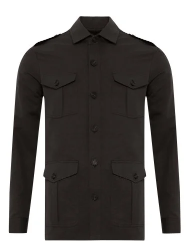 Germirli Acı Kahve Utility Kapak Cepli Pamuk Keten Safari Ceket Gömlek - 4