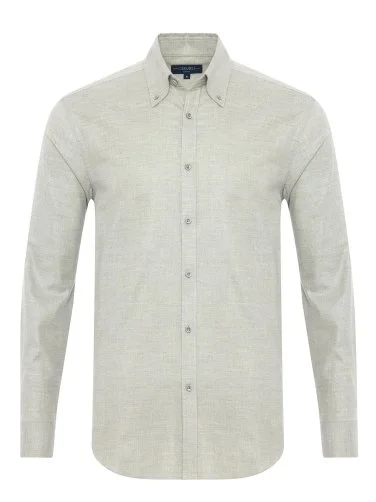 Germirli Açık Gri Düğmeli Yaka Albini Pamuk Tencel Tailor Fit Rahat Kalıp Balıksırtı Flanel Gömlek - 1