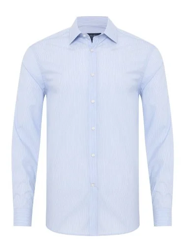 Germirli Açık Mavi Beyaz Çizgili Soft Yaka Tailor Fit Gömlek - 1